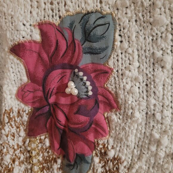 needle & yarn Cream Brown Mauve Burgundy Marled Cottage knitted sweater flower M - Picture 4 of 7